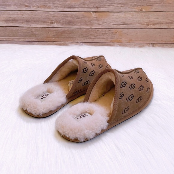 UGG Women’s Pearle Embossed Logo Chestnut Suede Slippers - Picture 2 of 8